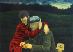 painting of ,an and woman hugging